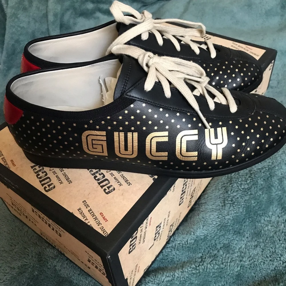 Gucci Guccy Falacer Sneaker Black Gold Stars Shoes